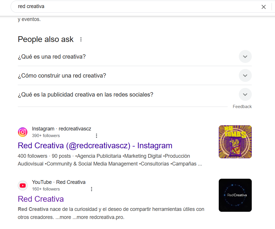 Posicionamiento del canal de YouTube Red Creativa en Google